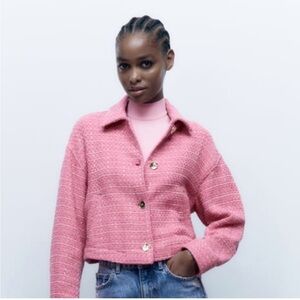 Pink Zara textured tweed like jacket cardigan with gold buttons